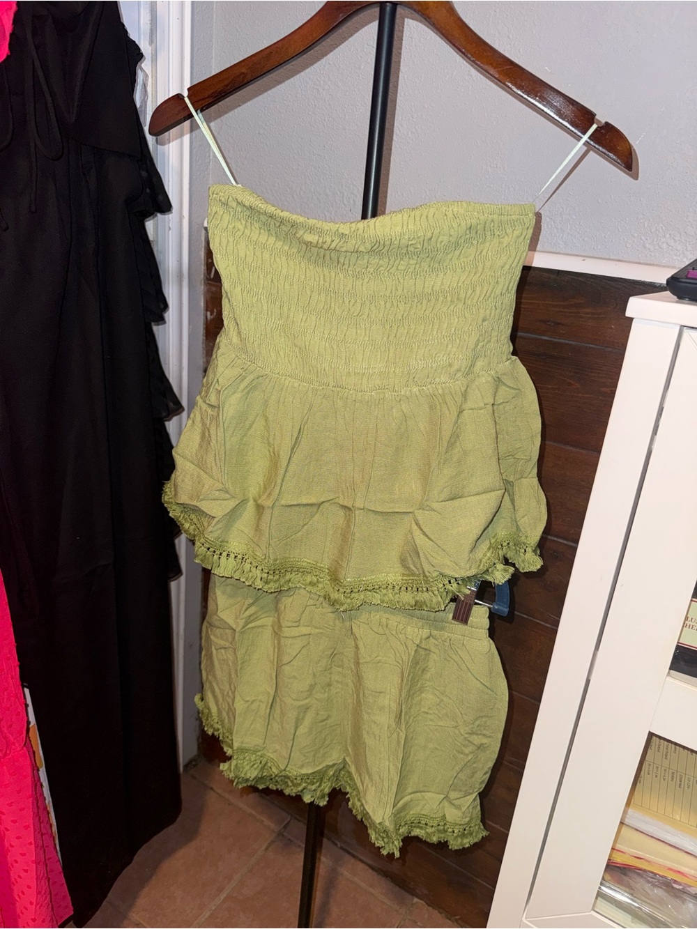 Smocked Strapless Tiered Romper in Olive Green
